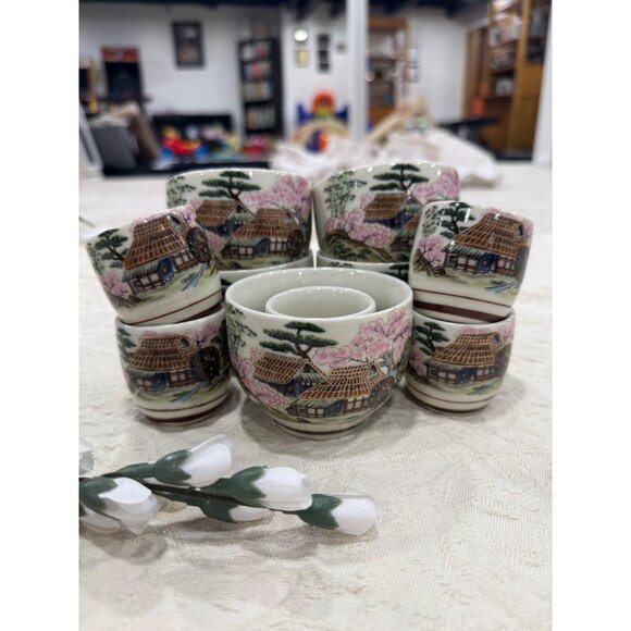 Vintage Japanese Tea Set With Scenic Hand-Painted Village & Cherry Blossoms - Picture 1 of 10